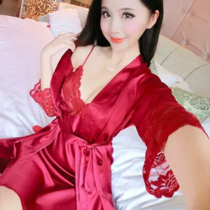 2017 Spring Summer Autumn Women Silk Nightdress  Set of Robe & Nightgown Lady Sexy  Dress Female Twinset of Sleepwear