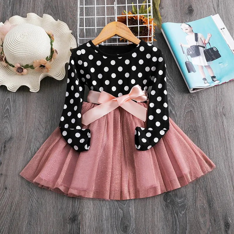 2023 Long Sleeve Dress For Girl Polka Dot Bow Kid Clothes 2 3 4 5 6 Year Baby Tutu Birthday Outfit Party Wear Summer Dress Cloth
