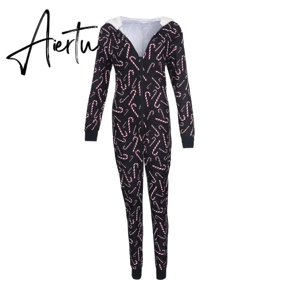 Aiertu  Women Christmas Long Sleeve Jumpsuit Cartoon Print V-neck Zipper Romper Pajamas Xmas Hooded Winter Home Sleep Wear Clothes