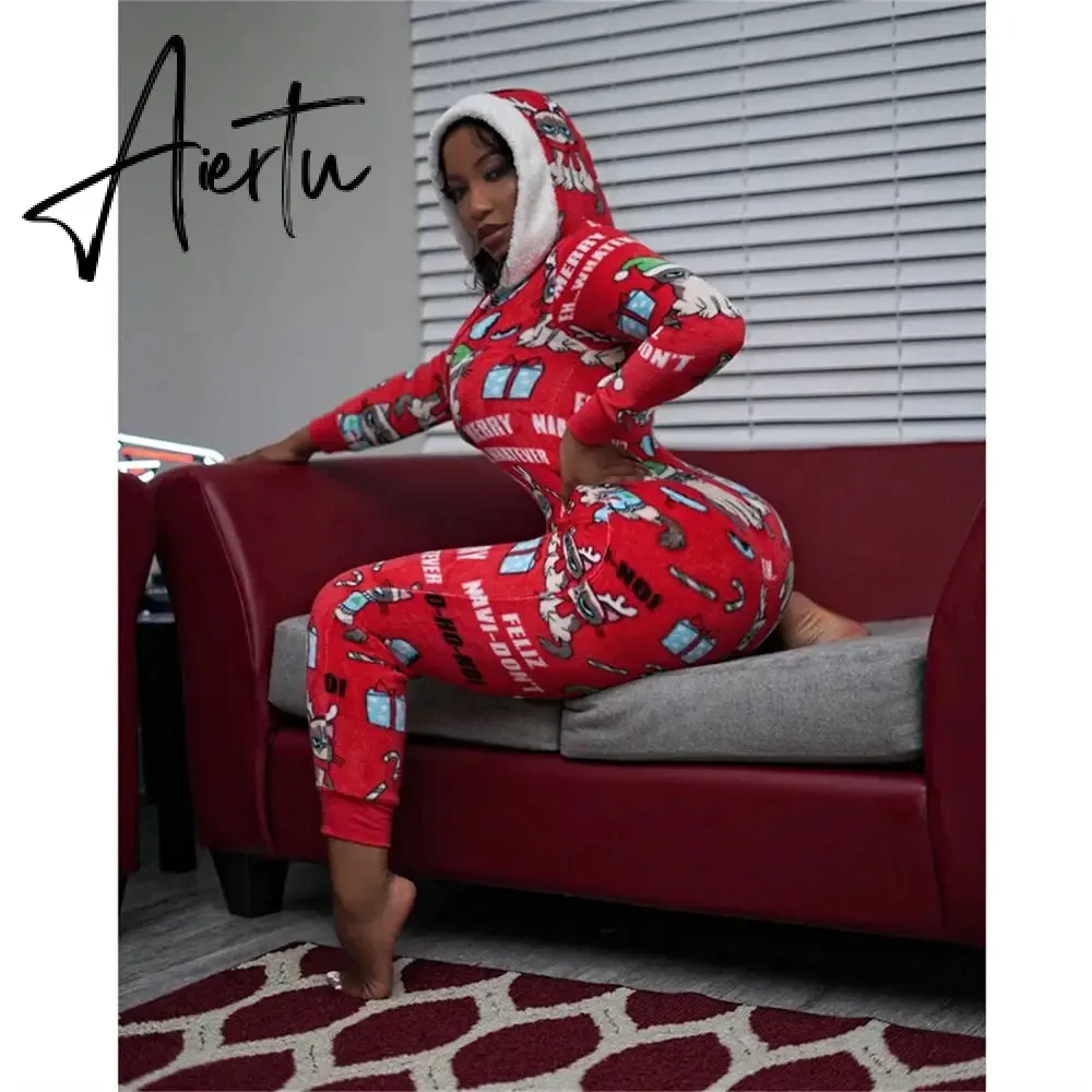 Aiertu  Women Christmas Long Sleeve Jumpsuit Cartoon Print V-neck Zipper Romper Pajamas Xmas Hooded Winter Home Sleep Wear Clothes