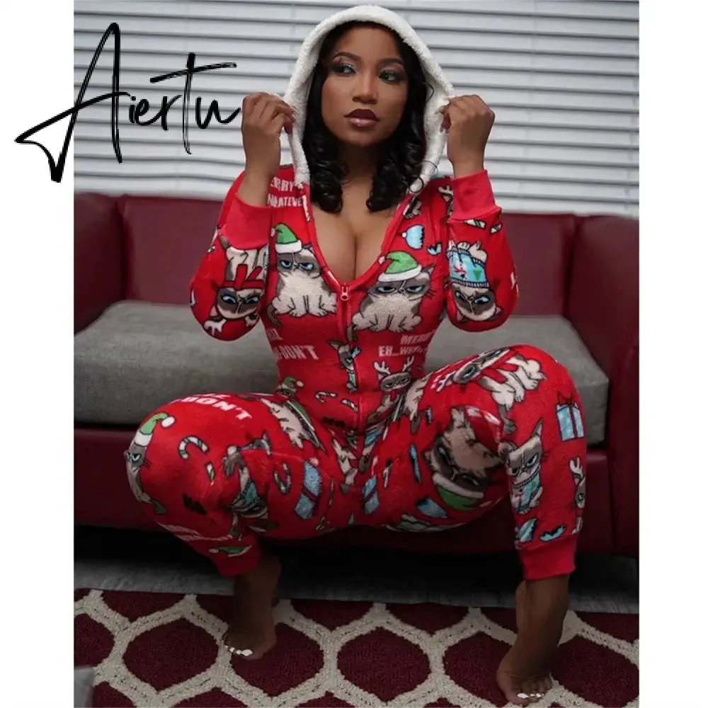 Aiertu  Women Christmas Long Sleeve Jumpsuit Cartoon Print V-neck Zipper Romper Pajamas Xmas Hooded Winter Home Sleep Wear Clothes