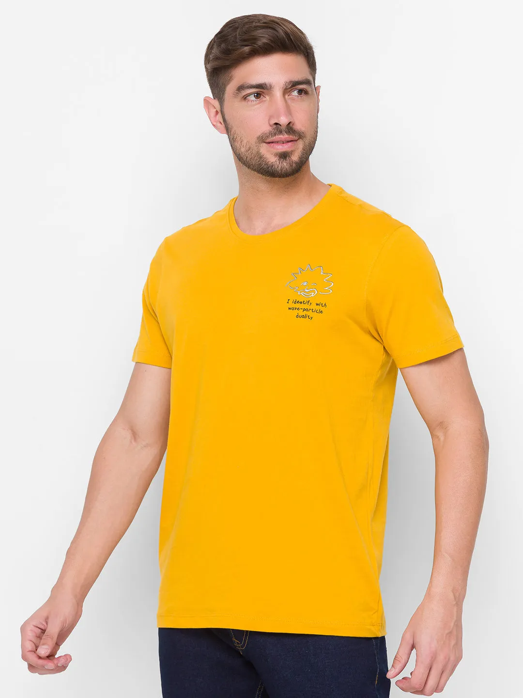 Albert Einstein Spykar Men Yellow Cotton Slim Fit Round Neck T-Shirt