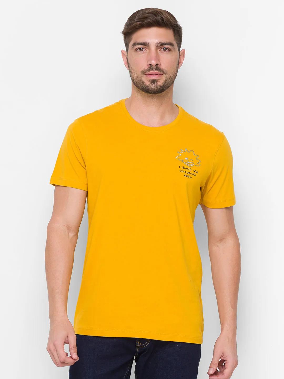 Albert Einstein Spykar Men Yellow Cotton Slim Fit Round Neck T-Shirt