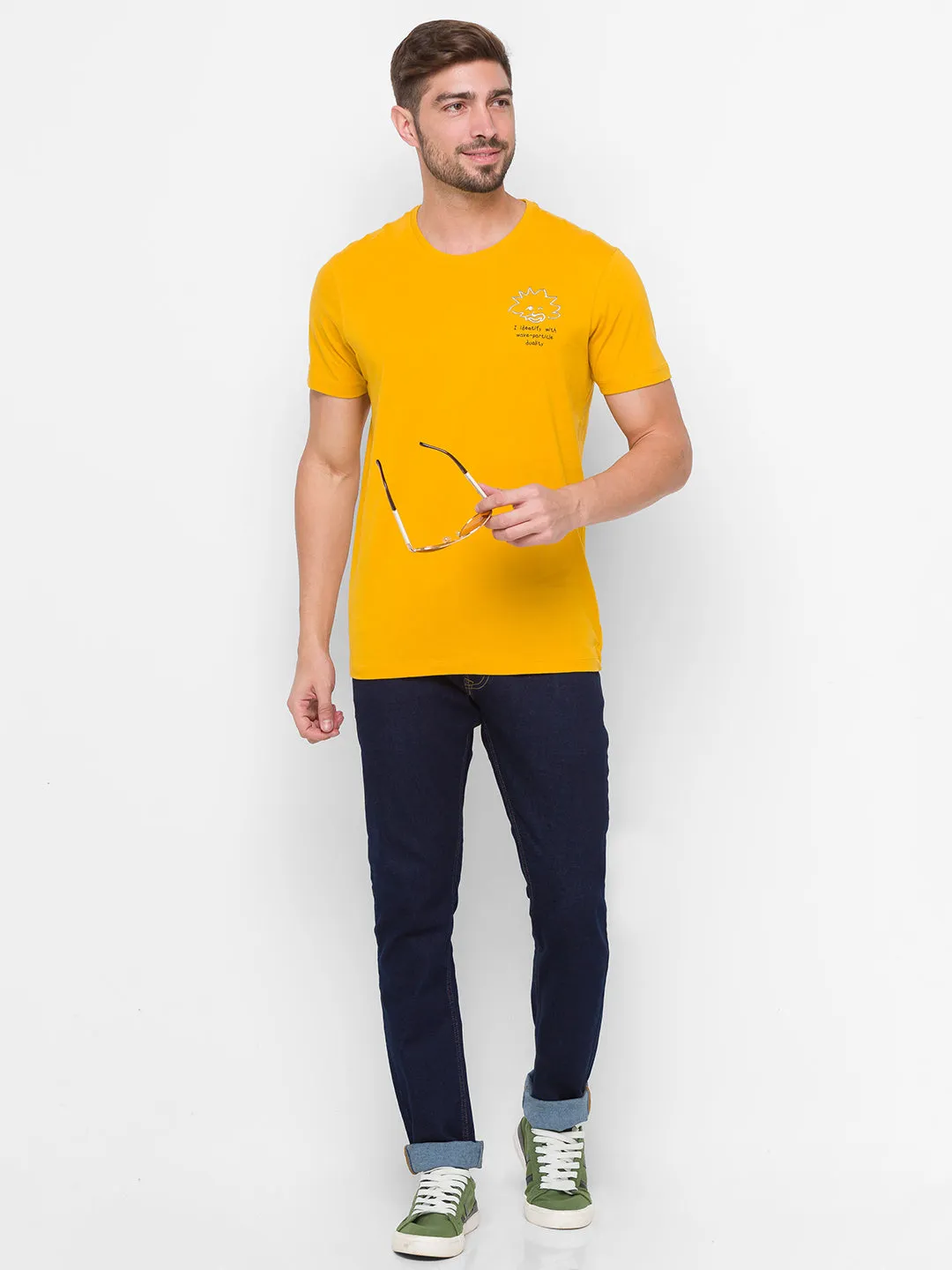 Albert Einstein Spykar Men Yellow Cotton Slim Fit Round Neck T-Shirt