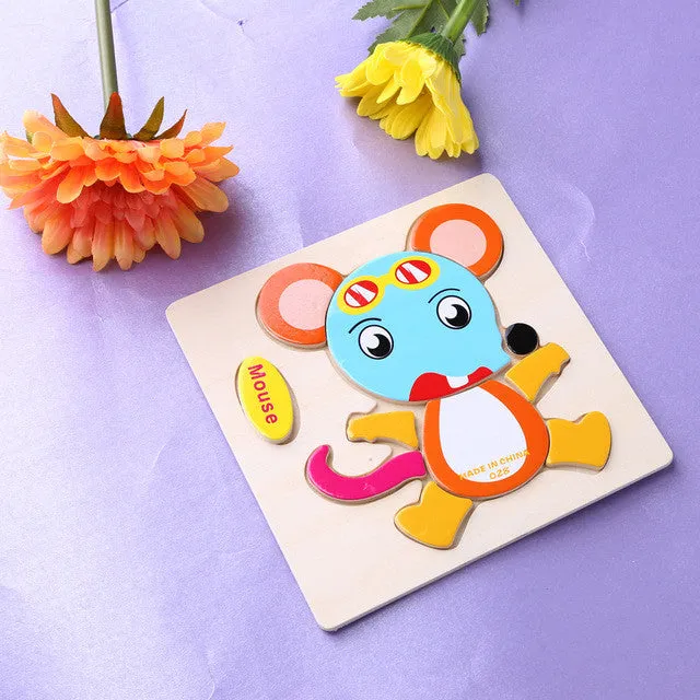 Baby Kids Wooden Cartoon Animals Dimensional Puzzle Toy Force Children Jigsaw Puzzle Education Learning Tools 14 Patten Options