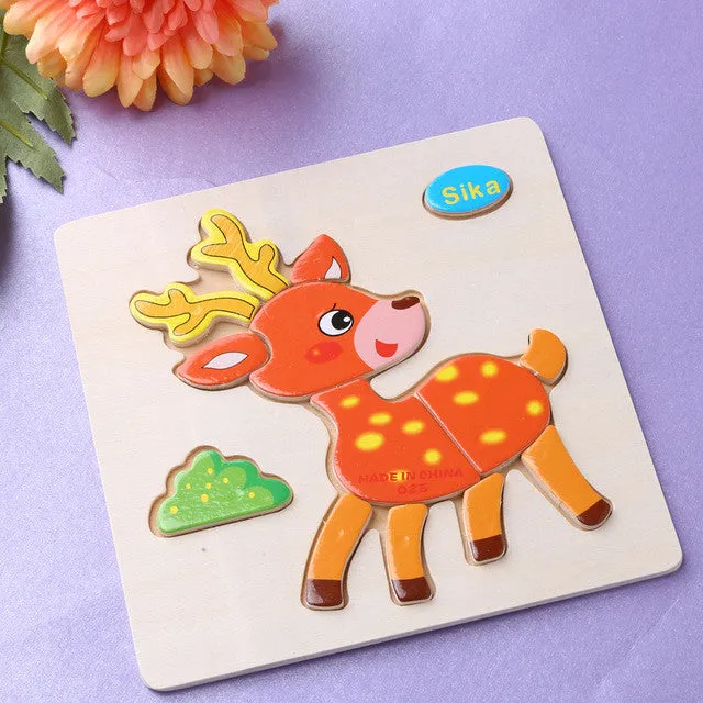 Baby Kids Wooden Cartoon Animals Dimensional Puzzle Toy Force Children Jigsaw Puzzle Education Learning Tools 14 Patten Options