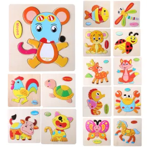Baby Kids Wooden Cartoon Animals Dimensional Puzzle Toy Force Children Jigsaw Puzzle Education Learning Tools 14 Patten Options