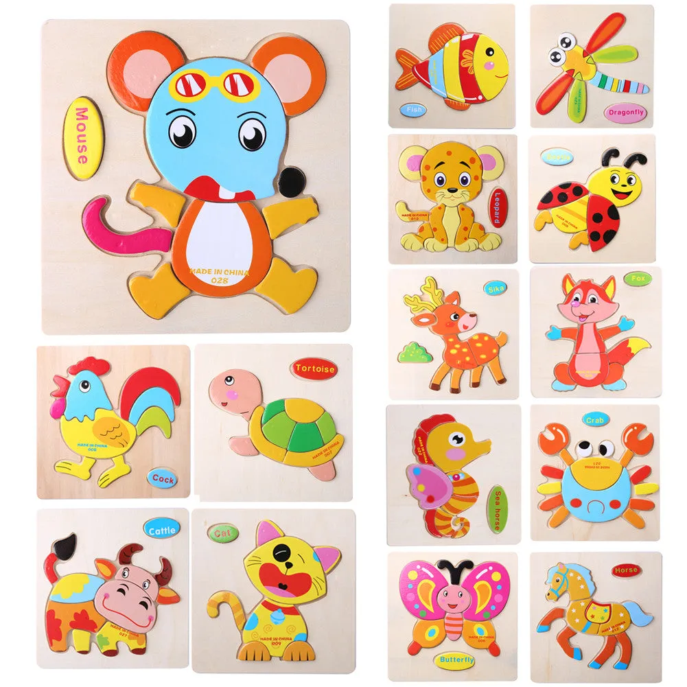 Baby Kids Wooden Cartoon Animals Dimensional Puzzle Toy Force Children Jigsaw Puzzle Education Learning Tools 14 Patten Options