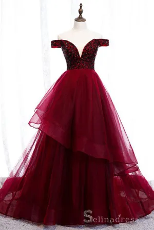 Beautiful Off-The-Shoulder Burgundy Evening Dresses Princess Beading Crystal Formal Dresses #SED206