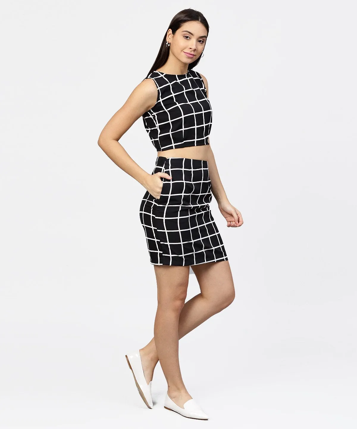 Black Check Boat Nect Crop Top With High Waisted Skirt