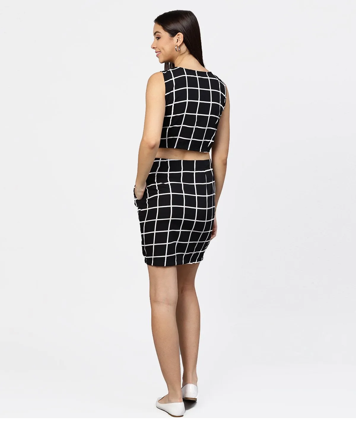 Black Check Boat Nect Crop Top With High Waisted Skirt