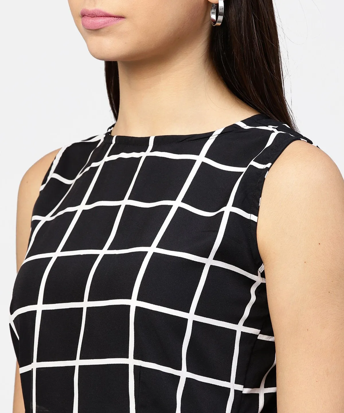 Black Check Boat Nect Crop Top With High Waisted Skirt