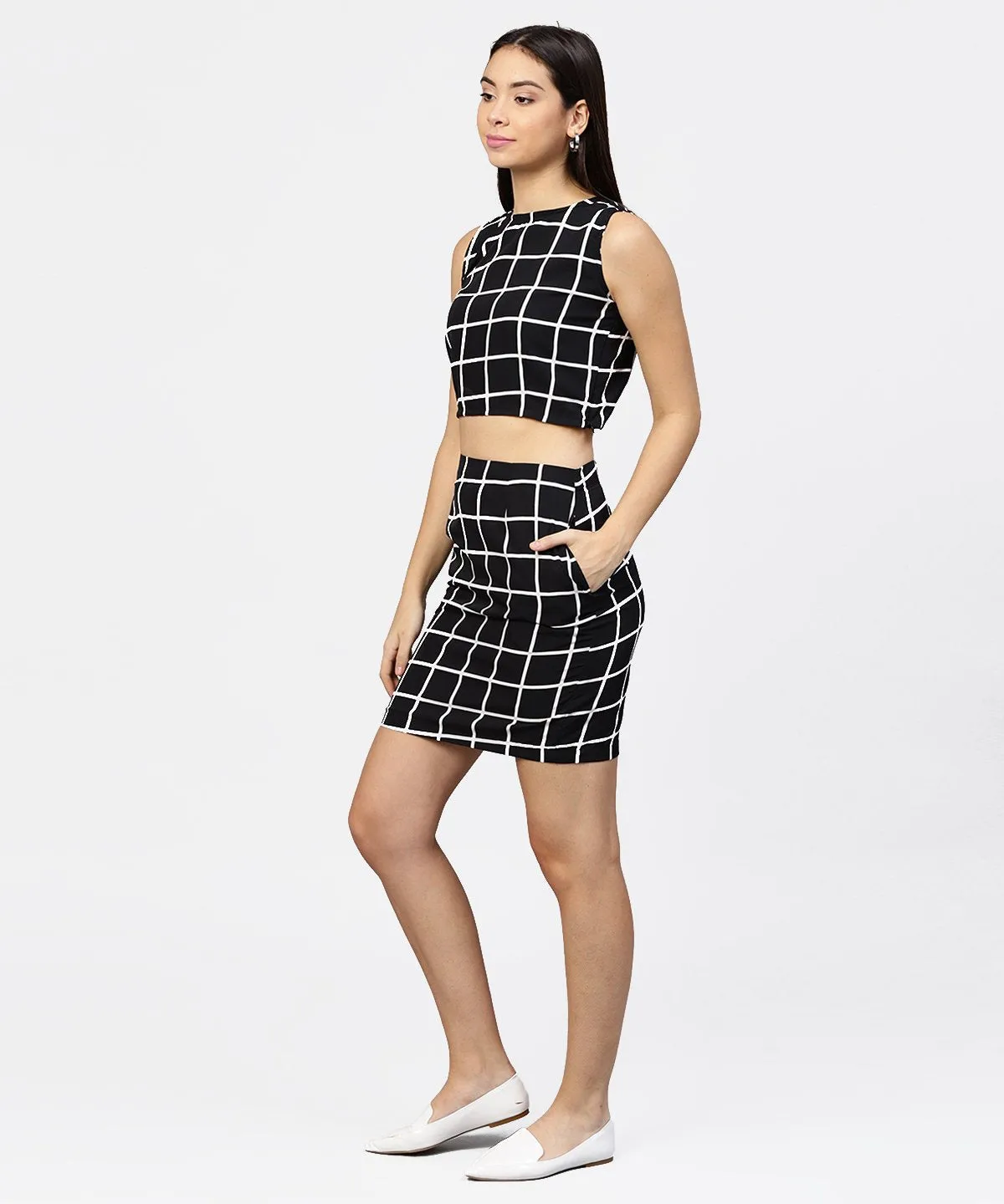 Black Check Boat Nect Crop Top With High Waisted Skirt