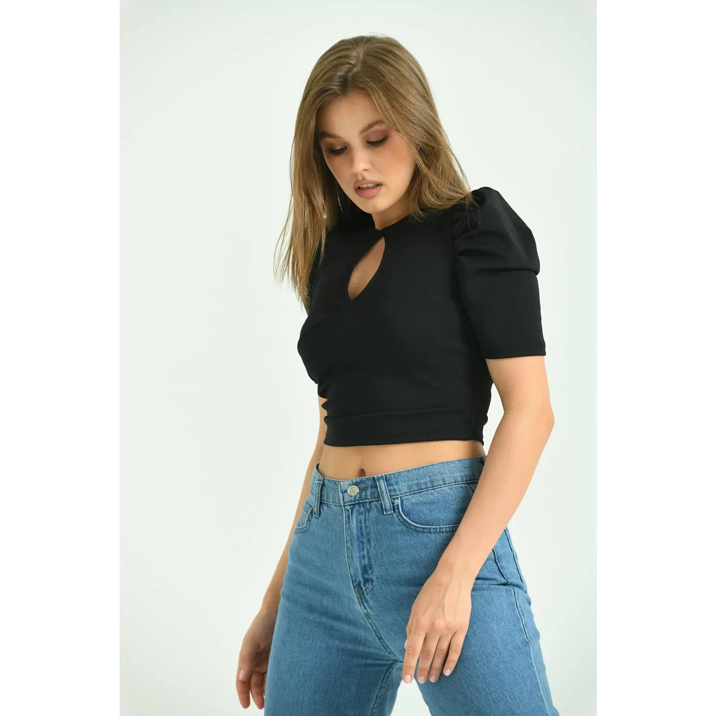 Black Keyhole Cut Puff Sleeves Top
