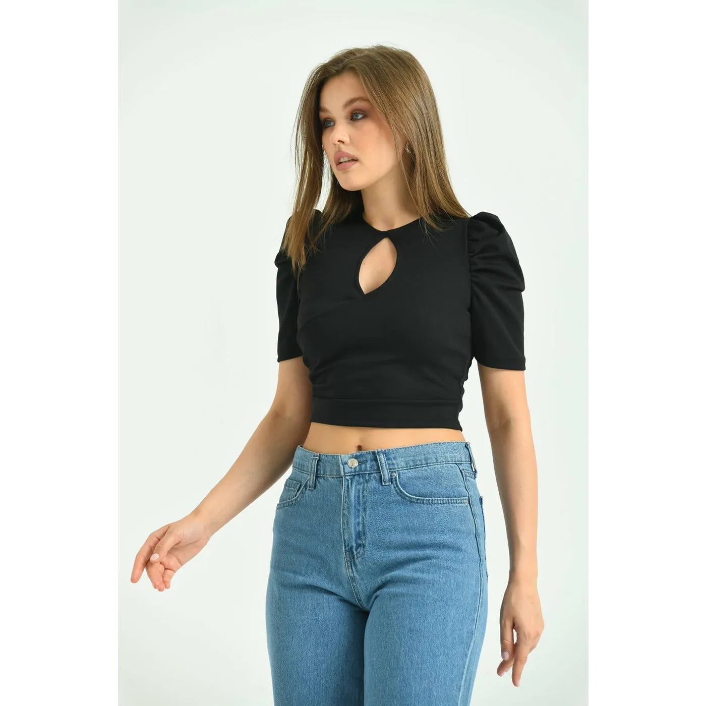 Black Keyhole Cut Puff Sleeves Top