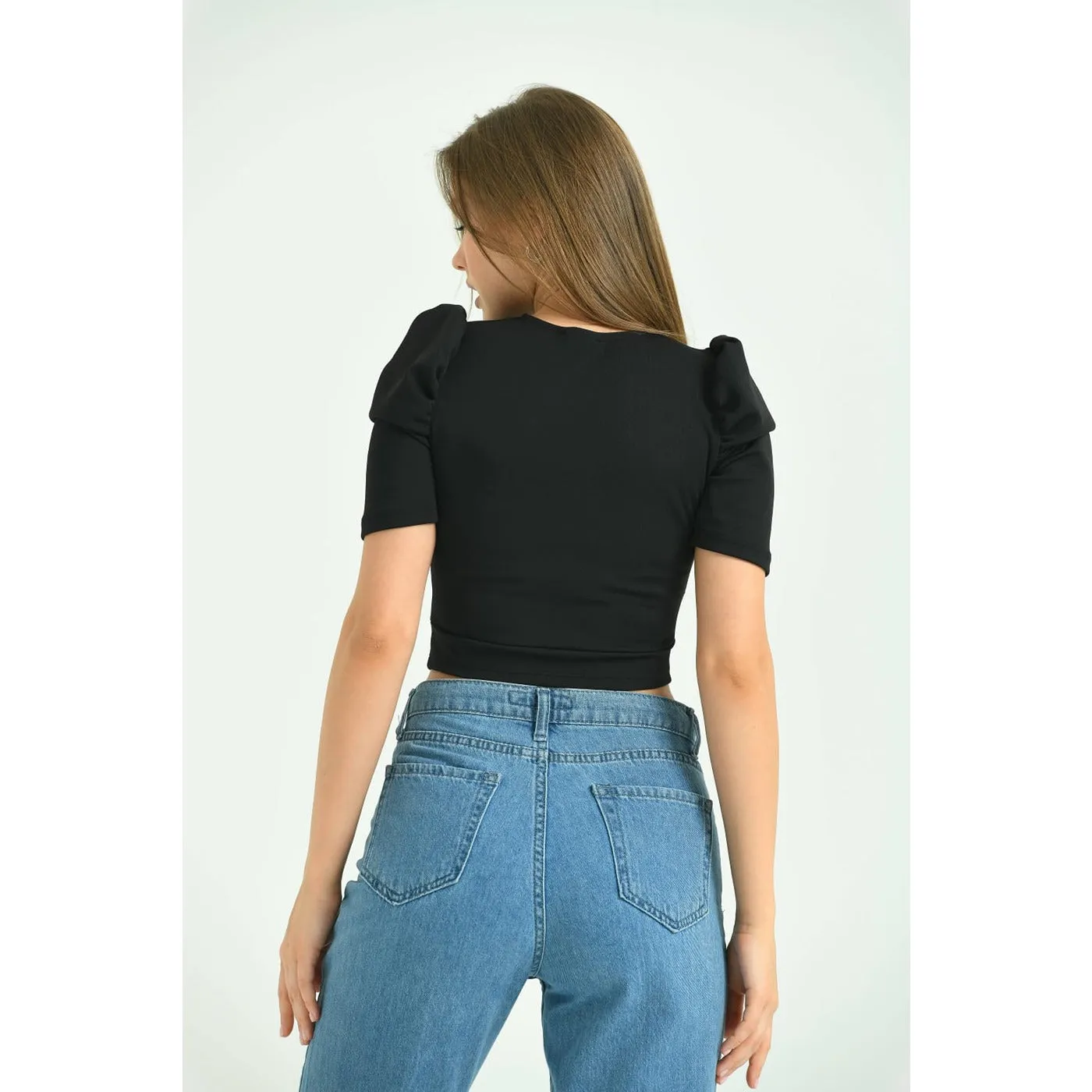 Black Keyhole Cut Puff Sleeves Top