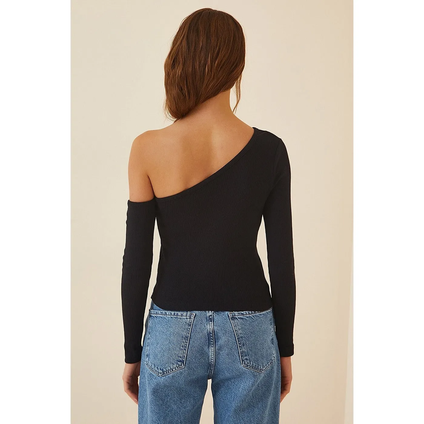Black Open Shoulder Ribbed Knitted Blouse