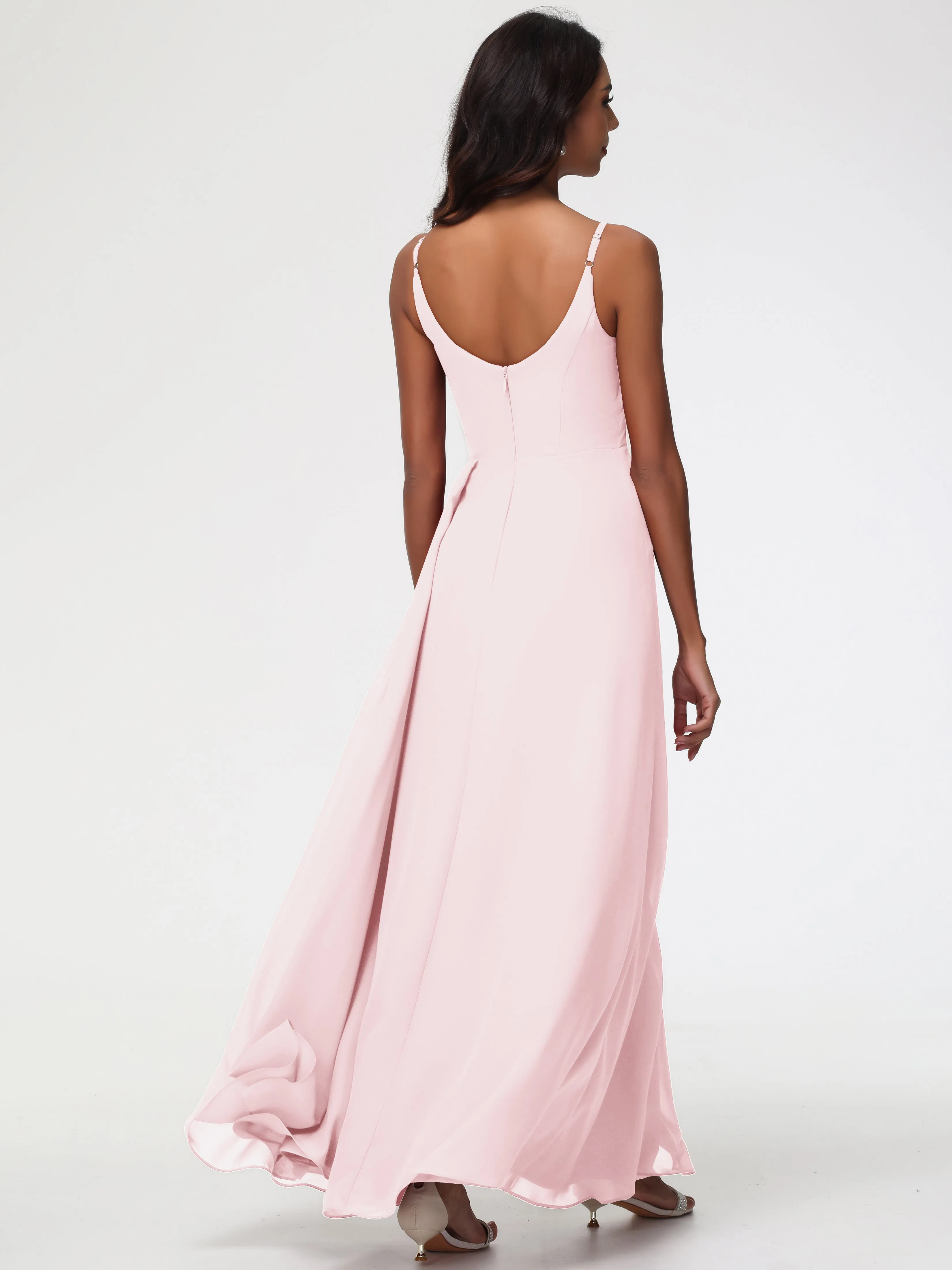 Blush Pink Bridesmaid Dress A-Line V-Neck Spaghetti Straps Ruched Chiffon Bridesmaid Dresses With Slit
