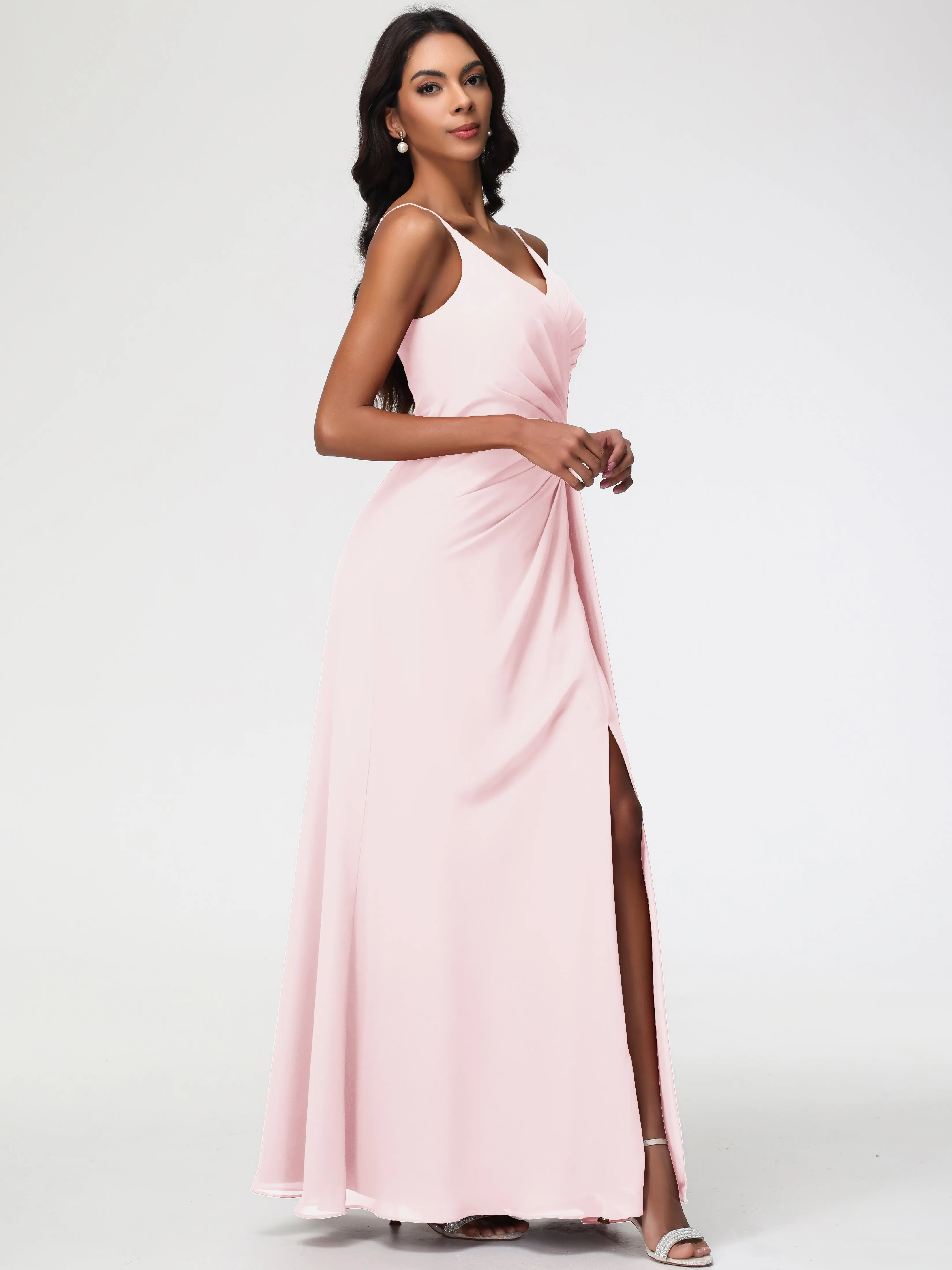 Blush Pink Bridesmaid Dress A-Line V-Neck Spaghetti Straps Ruched Chiffon Bridesmaid Dresses With Slit