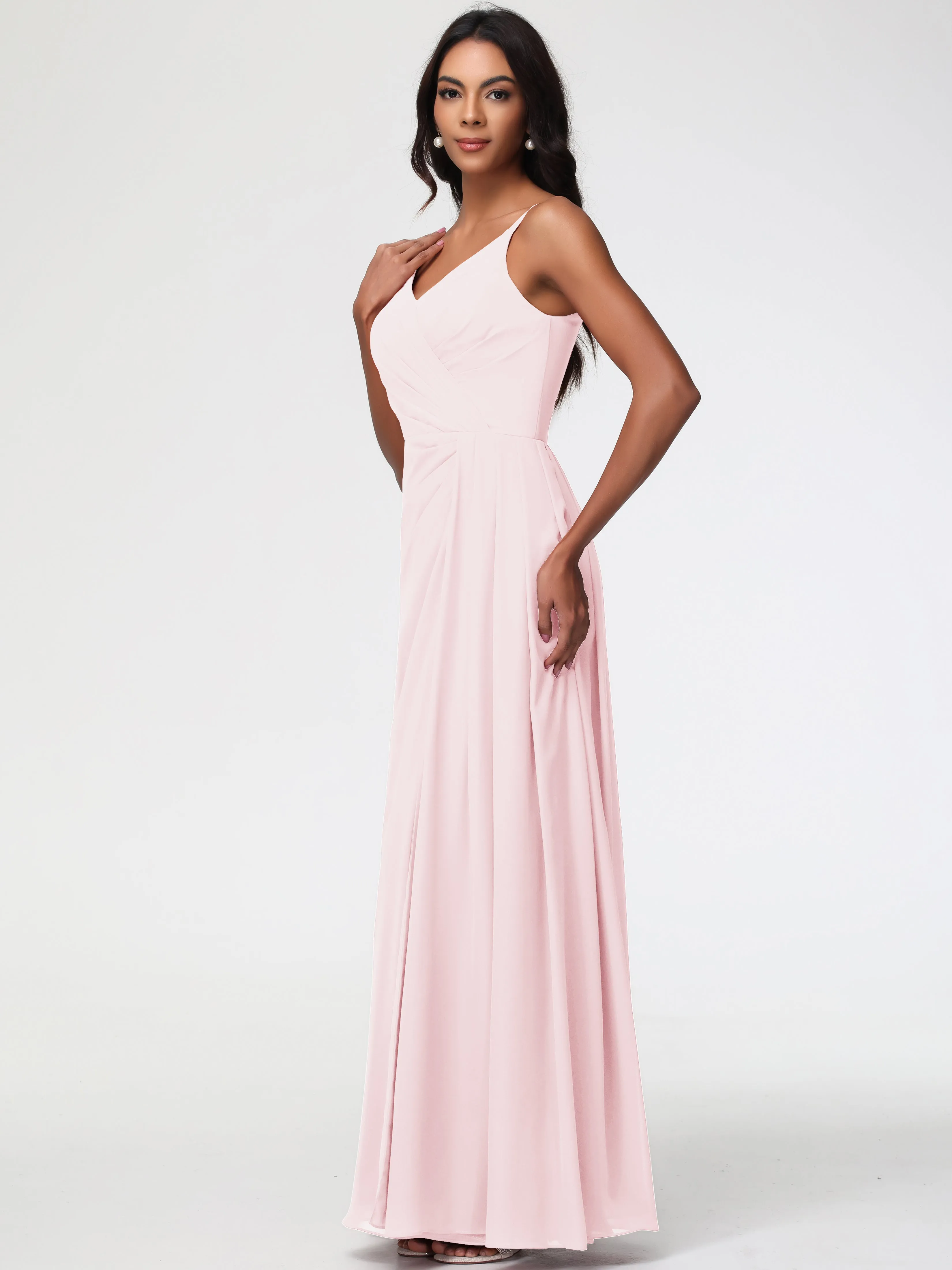 Blush Pink Bridesmaid Dress A-Line V-Neck Spaghetti Straps Ruched Chiffon Bridesmaid Dresses With Slit