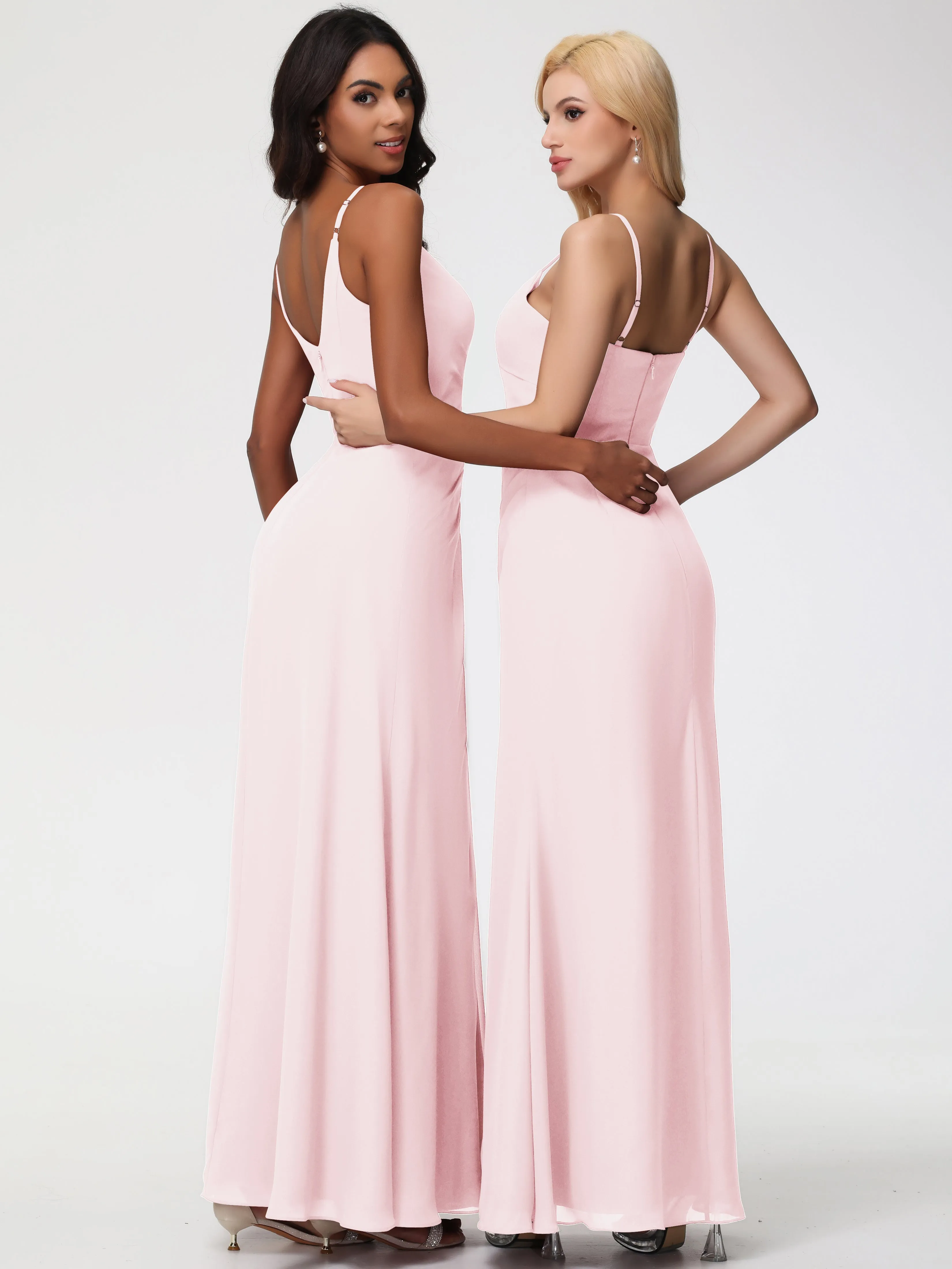 Blush Pink Bridesmaid Dress A-Line V-Neck Spaghetti Straps Ruched Chiffon Bridesmaid Dresses With Slit