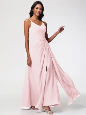 Blush Pink Bridesmaid Dress A-Line V-Neck Spaghetti Straps Ruched Chiffon Bridesmaid Dresses With Slit