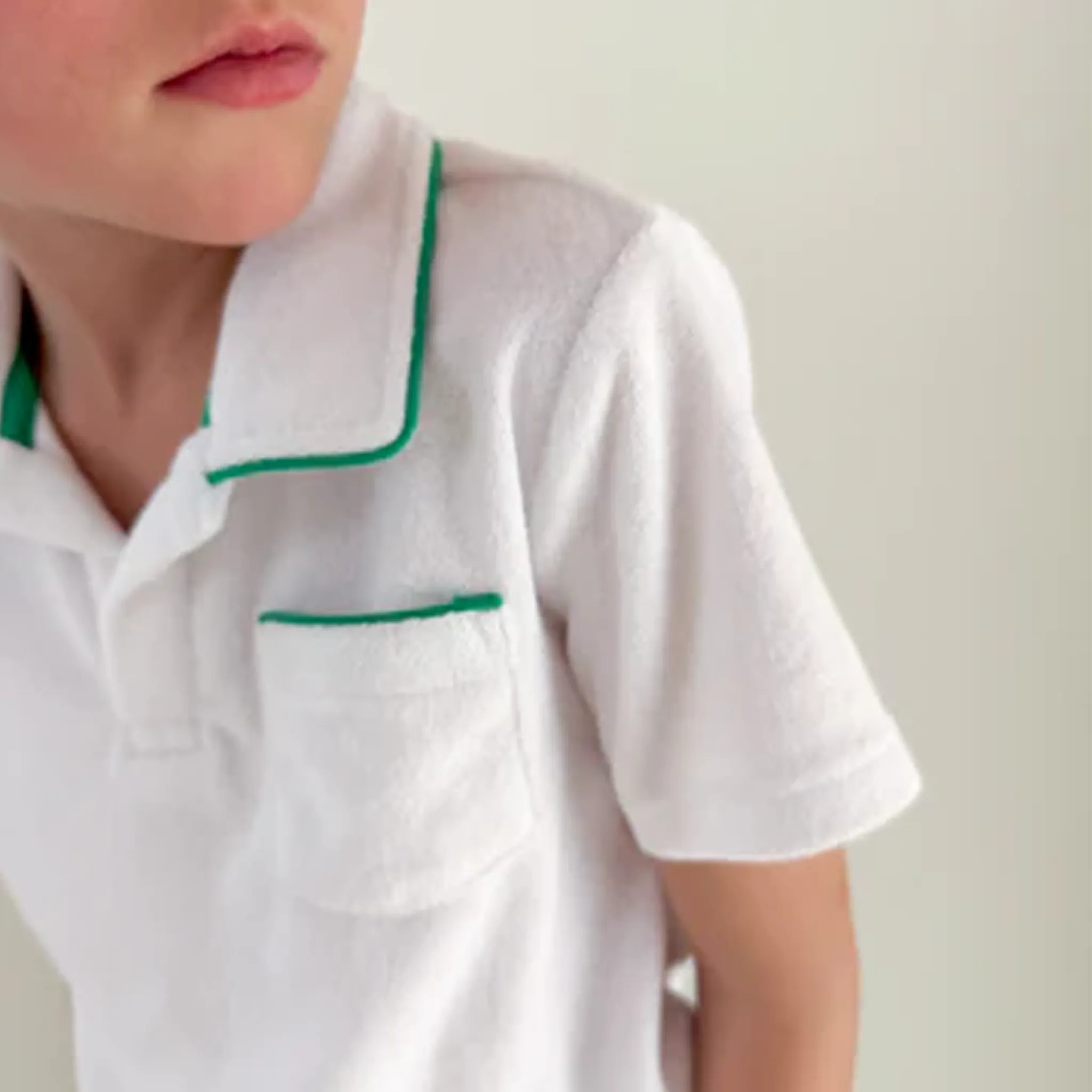 Boys White French Terry Polo with Bermuda Green Trim