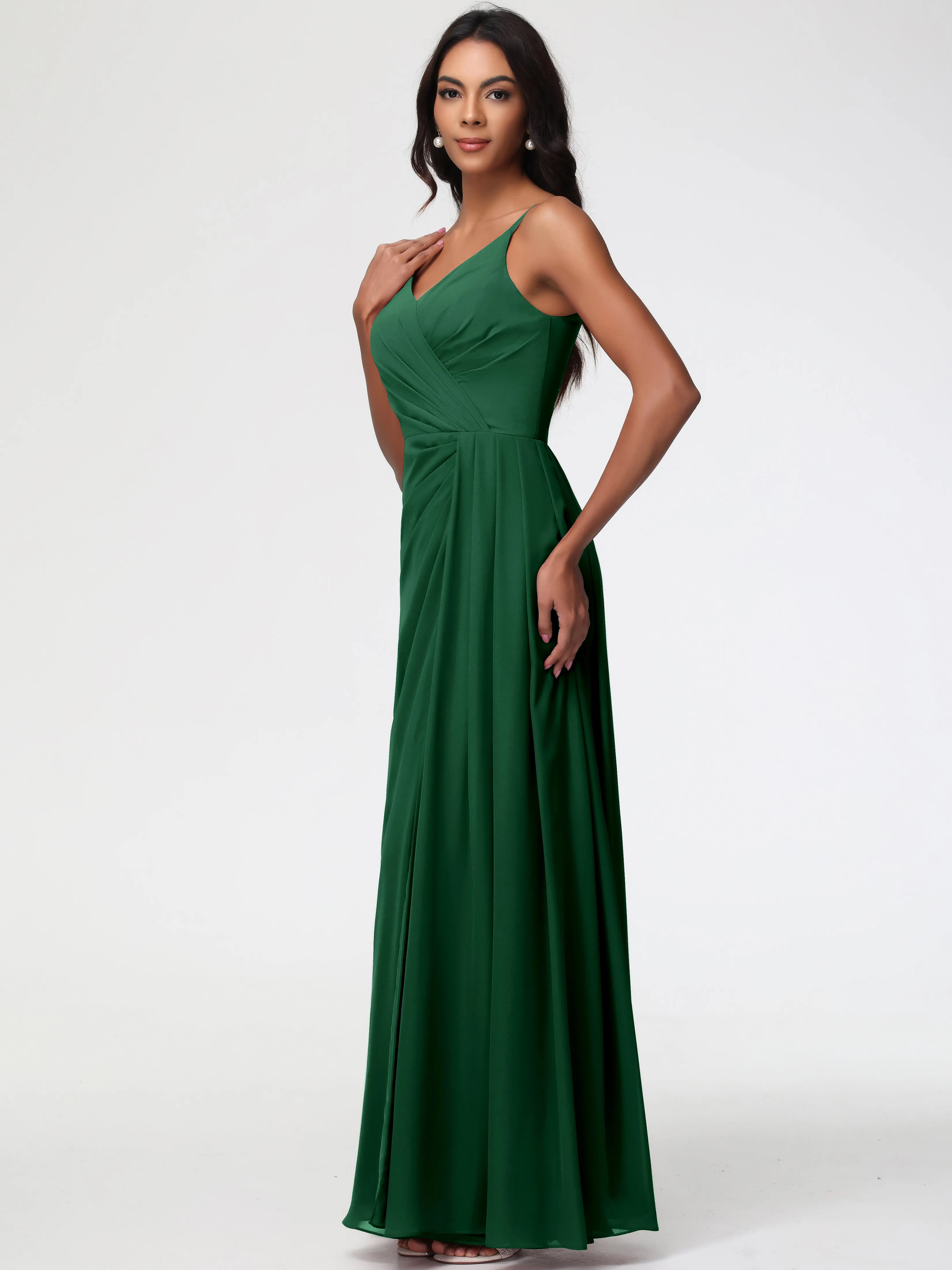 Bridesmaid Dark Green Dress A-Line V-Neck Spaghetti Straps Ruched Chiffon Bridesmaid Dresses With Slit