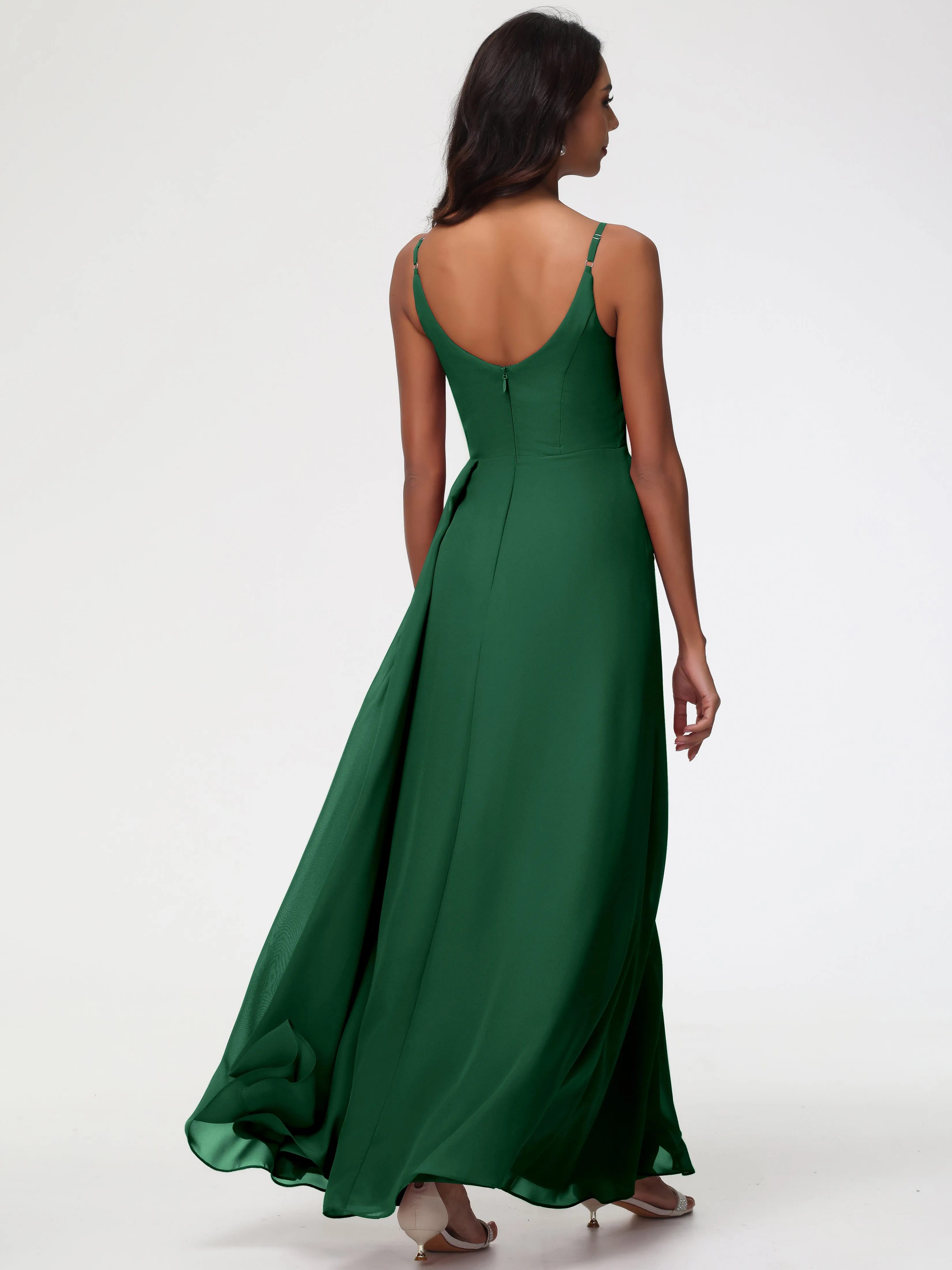 Bridesmaid Dark Green Dress A-Line V-Neck Spaghetti Straps Ruched Chiffon Bridesmaid Dresses With Slit