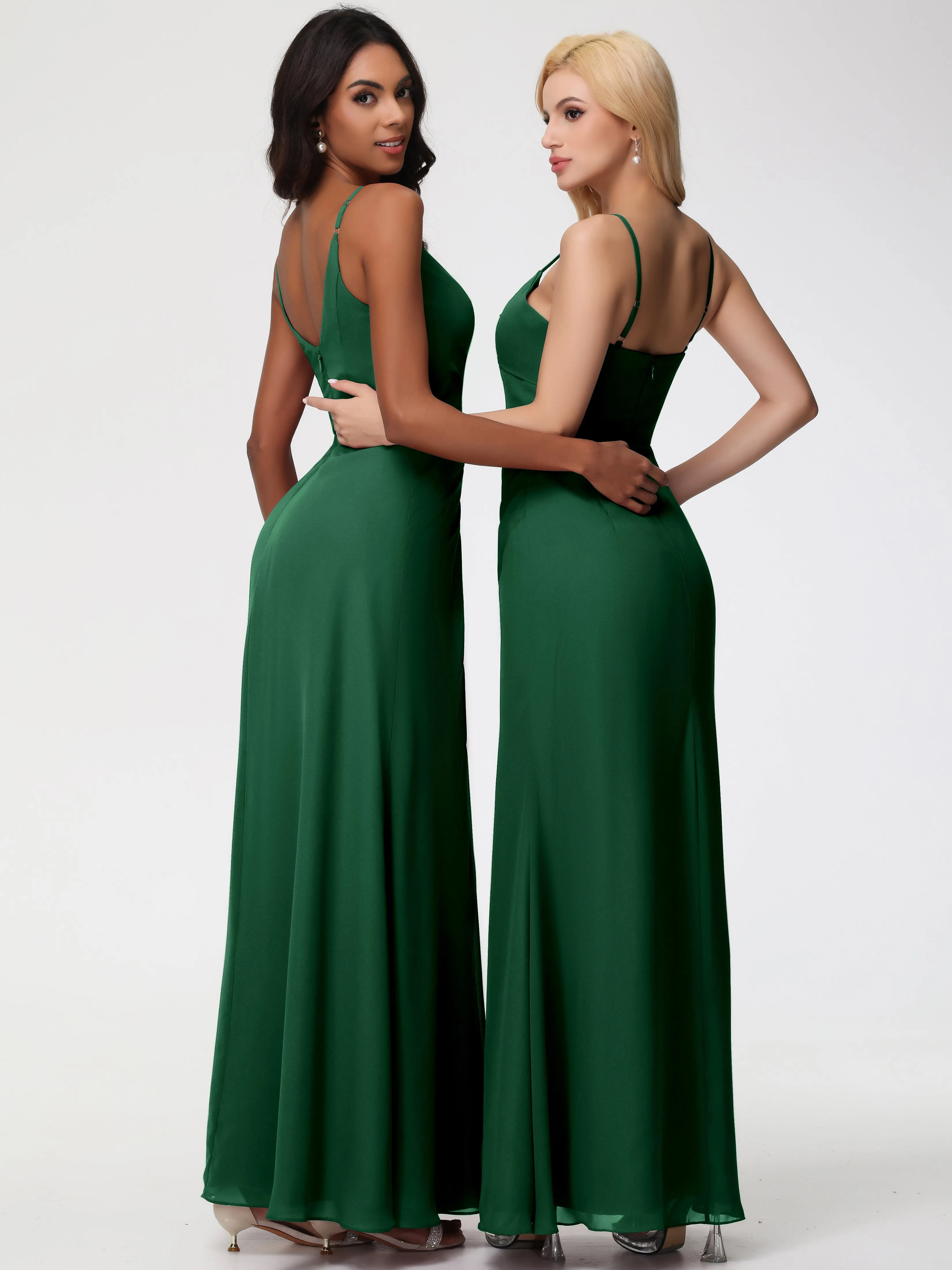 Bridesmaid Dark Green Dress A-Line V-Neck Spaghetti Straps Ruched Chiffon Bridesmaid Dresses With Slit