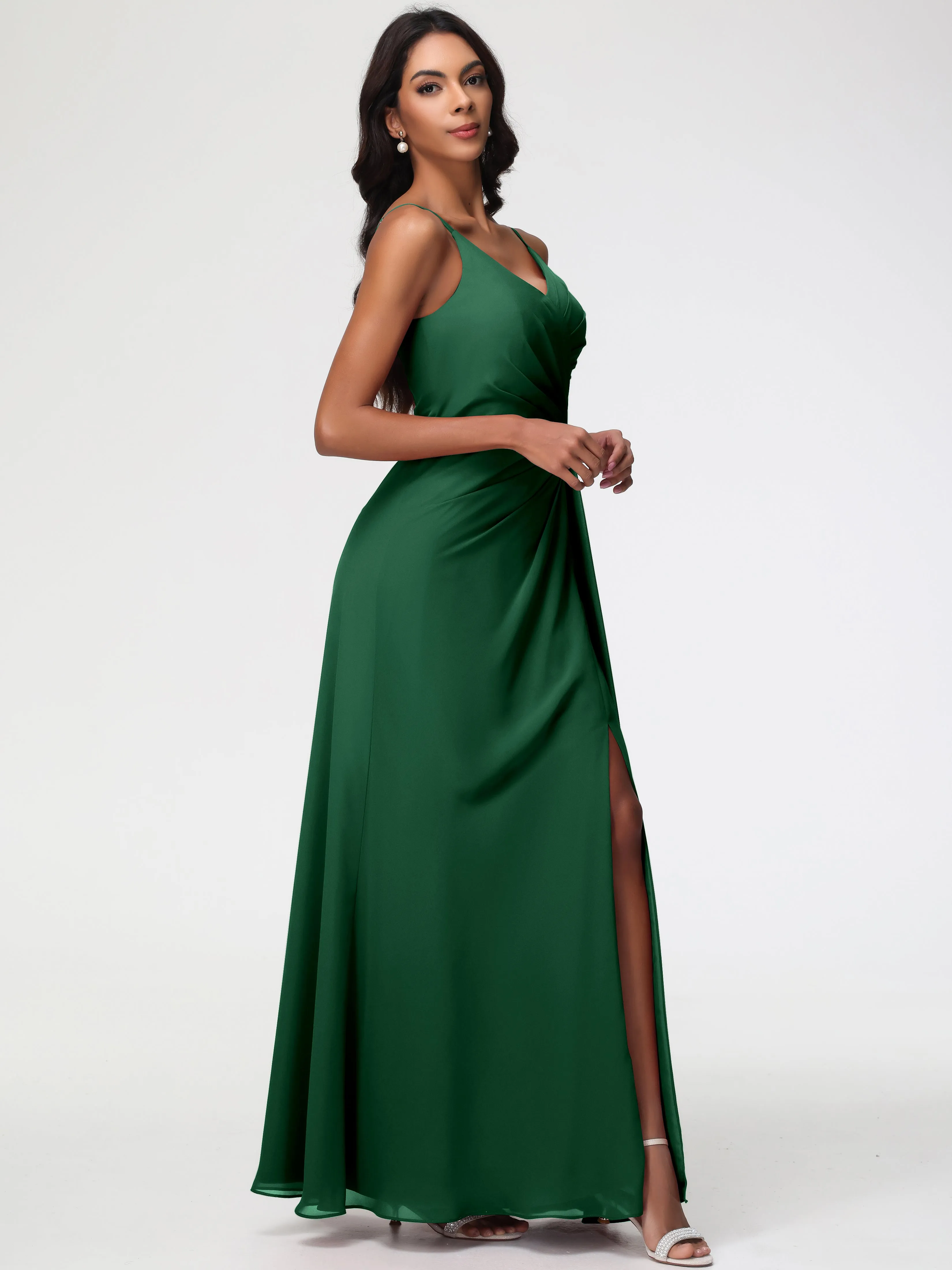 Bridesmaid Dark Green Dress A-Line V-Neck Spaghetti Straps Ruched Chiffon Bridesmaid Dresses With Slit