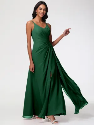Bridesmaid Dark Green Dress A-Line V-Neck Spaghetti Straps Ruched Chiffon Bridesmaid Dresses With Slit