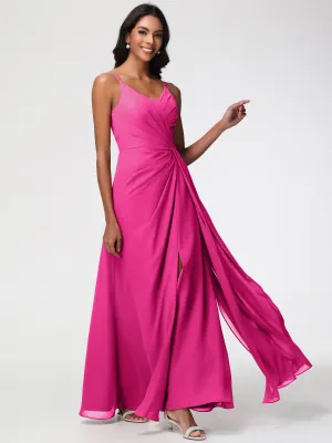Bridesmaid Dress Fuchsia A-Line V-Neck Spaghetti Straps Ruched Chiffon Bridesmaid Dresses With Slit