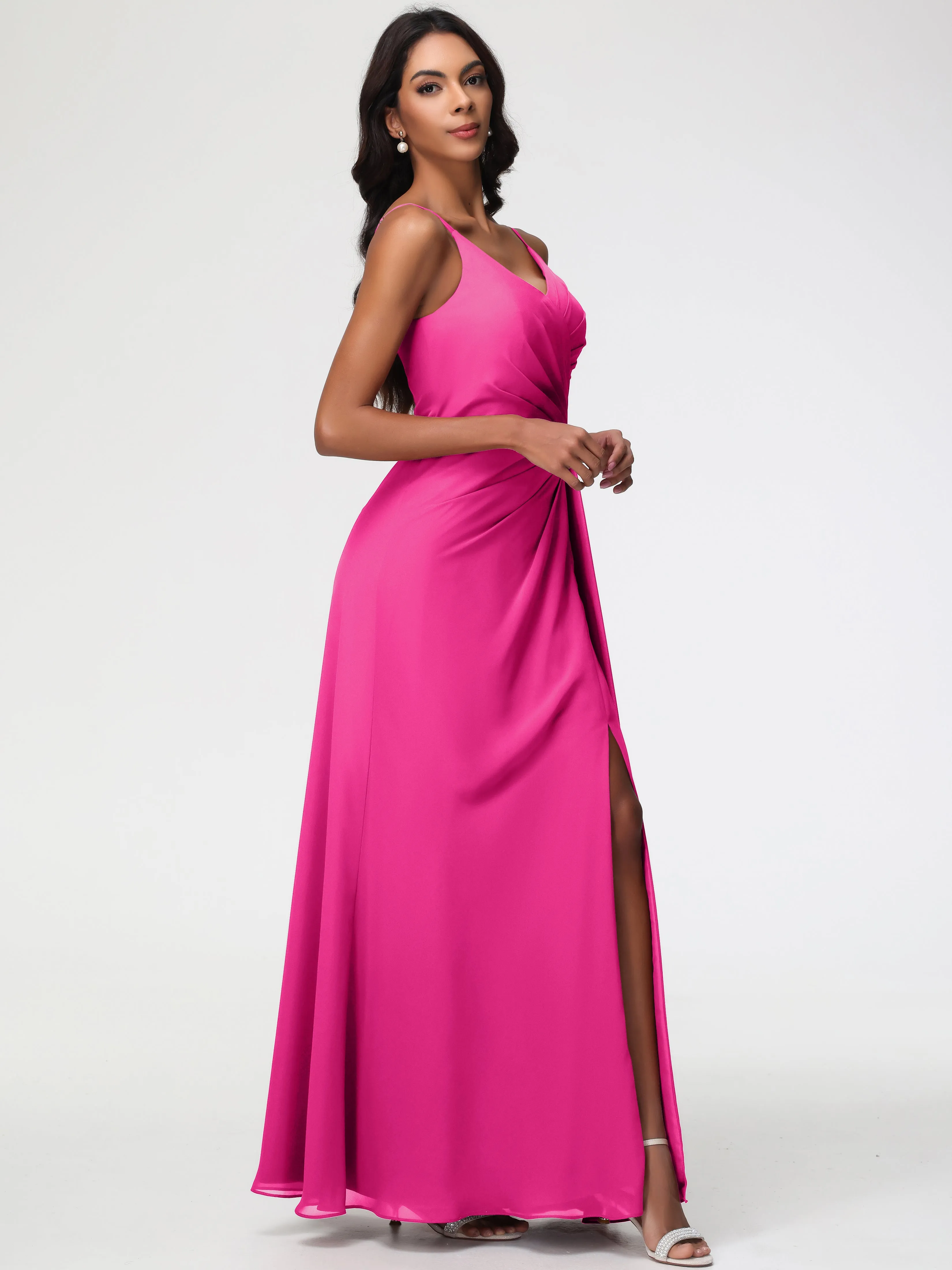 Bridesmaid Dress Fuchsia A-Line V-Neck Spaghetti Straps Ruched Chiffon Bridesmaid Dresses With Slit