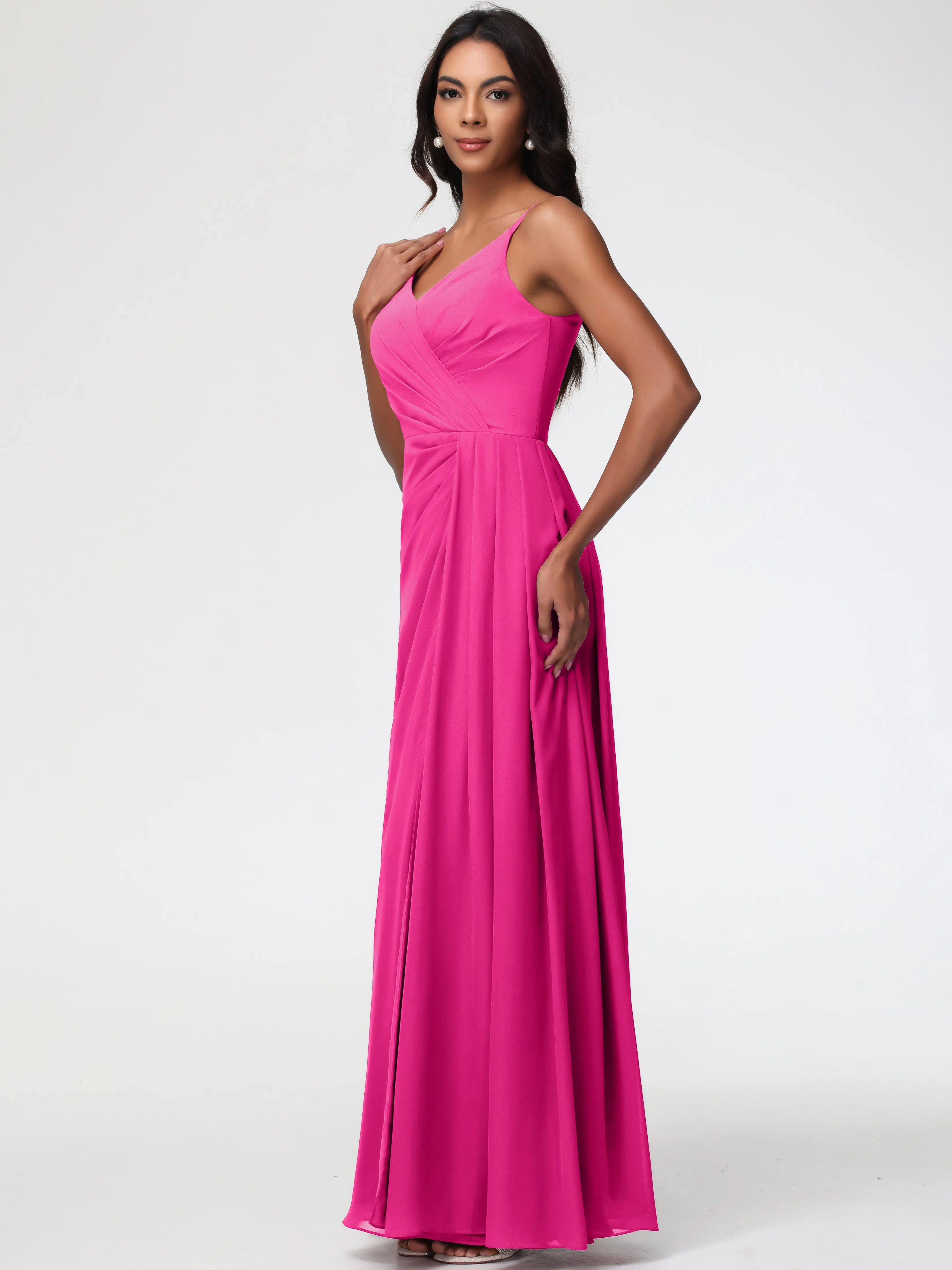 Bridesmaid Dress Fuchsia A-Line V-Neck Spaghetti Straps Ruched Chiffon Bridesmaid Dresses With Slit