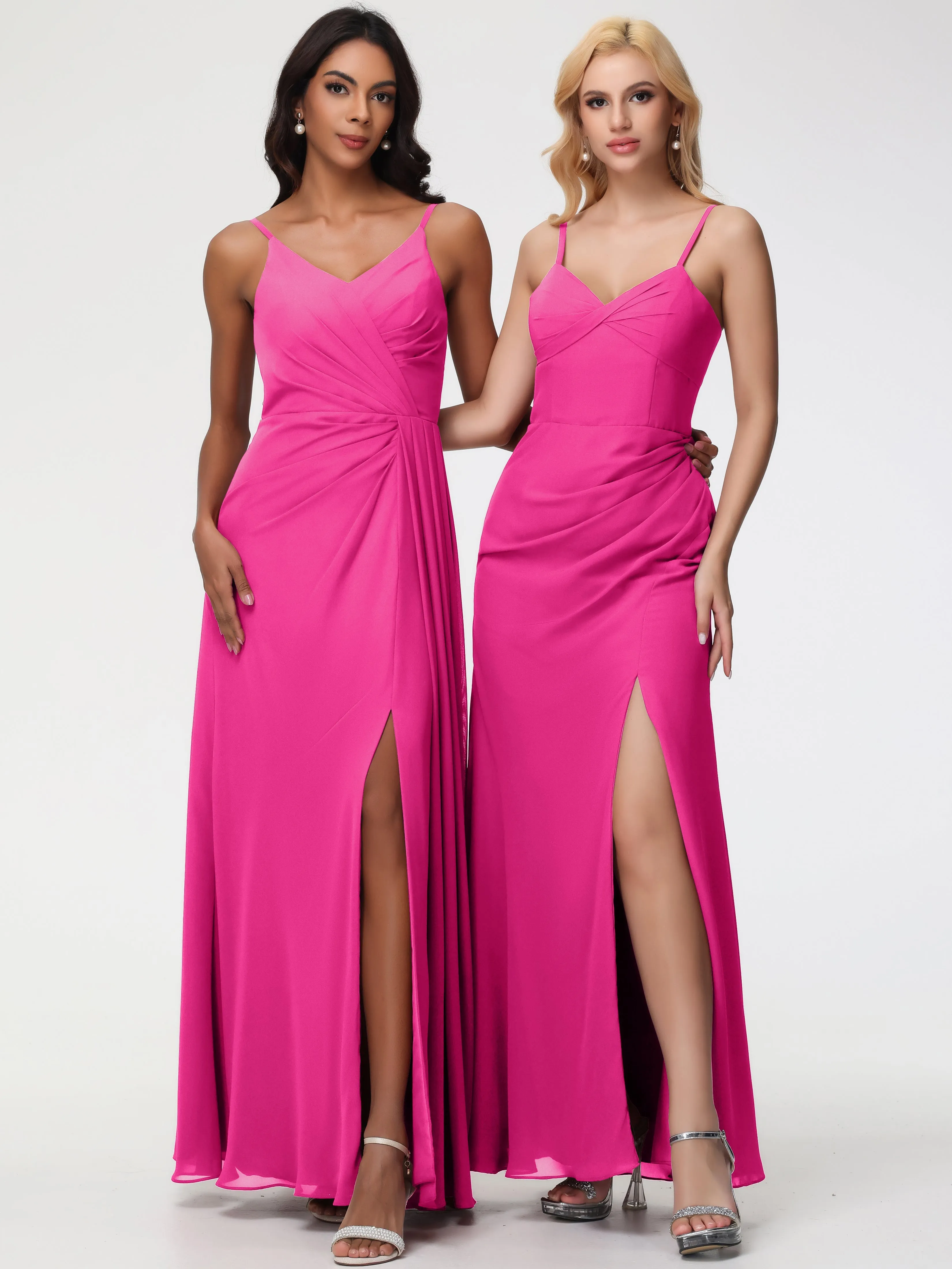 Bridesmaid Dress Fuchsia A-Line V-Neck Spaghetti Straps Ruched Chiffon Bridesmaid Dresses With Slit
