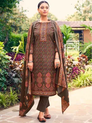 Brown Printed Pashmina Unstitched Winter Ladies Suit Set