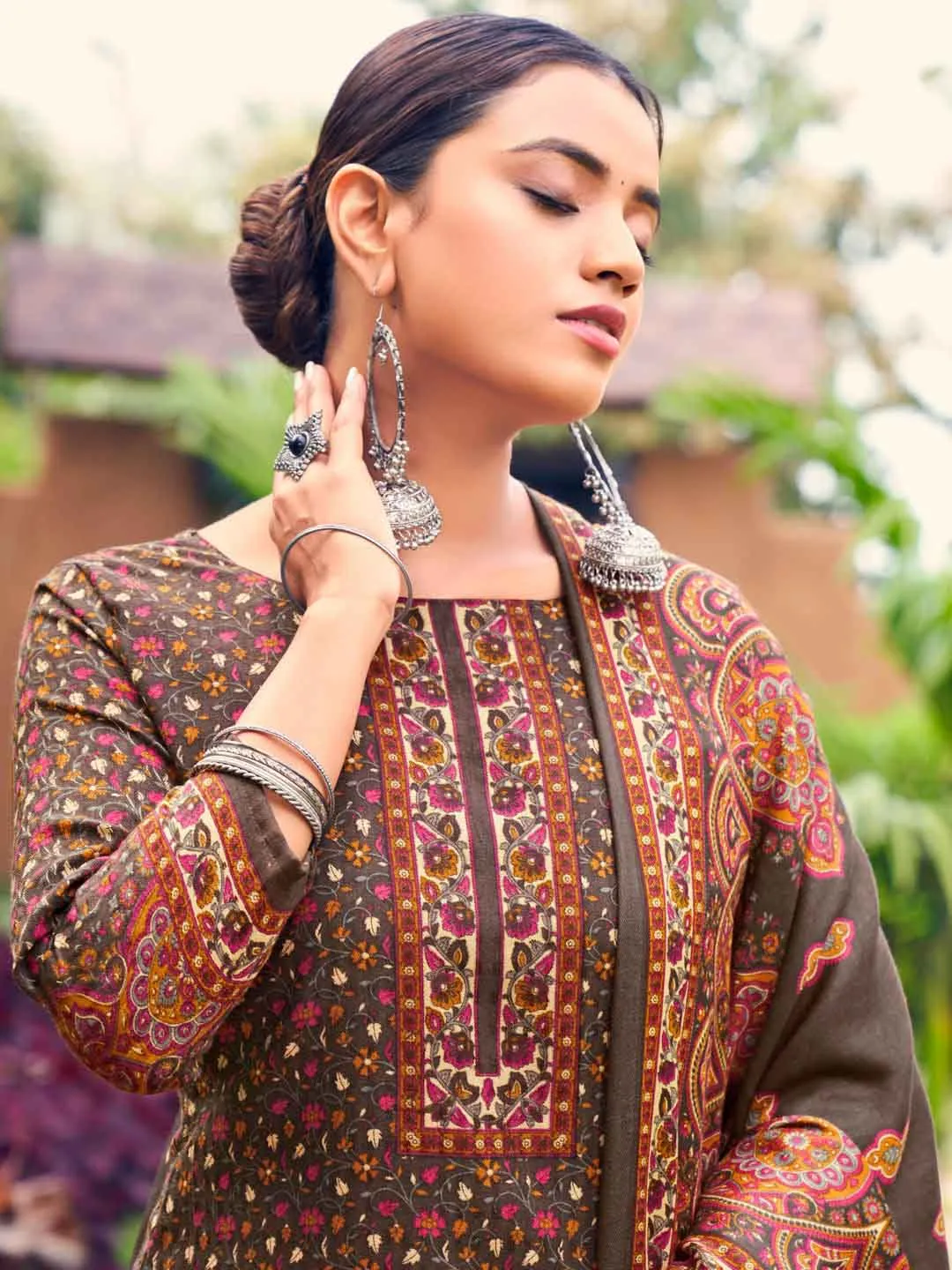 Brown Printed Pashmina Unstitched Winter Ladies Suit Set