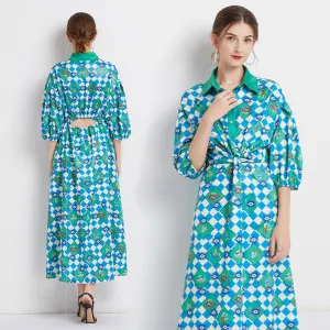 Bubble Sleeve Belted Lapel Chic Dress
