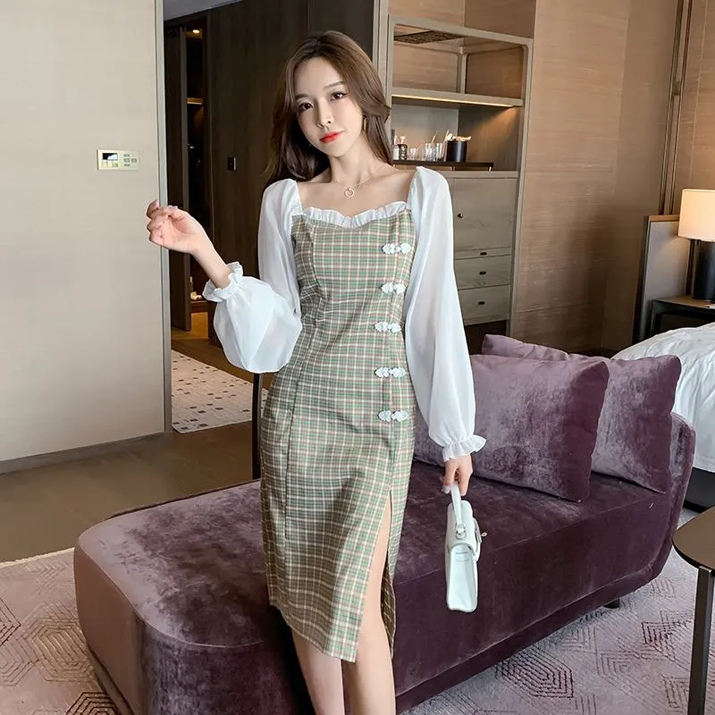 Bubble Sleeve Light Elastic Off-Shoulder Split Dress