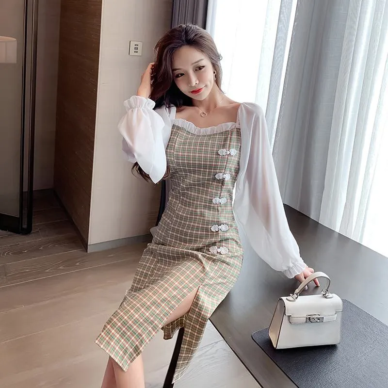 Bubble Sleeve Light Elastic Off-Shoulder Split Dress