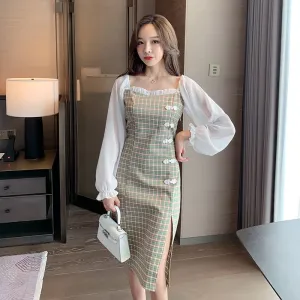Bubble Sleeve Light Elastic Off-Shoulder Split Dress