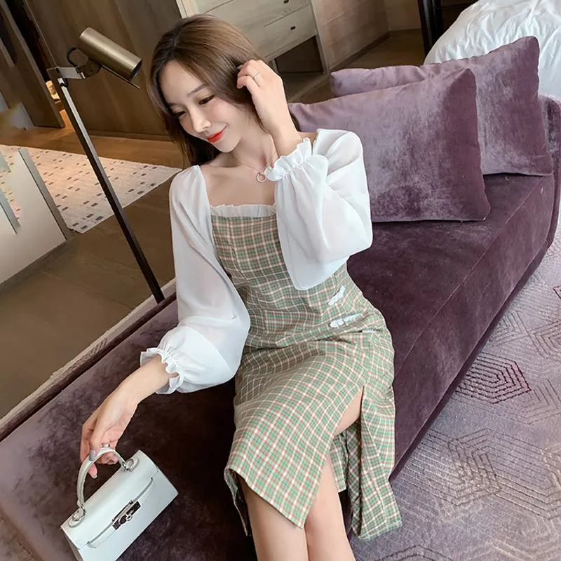 Bubble Sleeve Light Elastic Off-Shoulder Split Dress