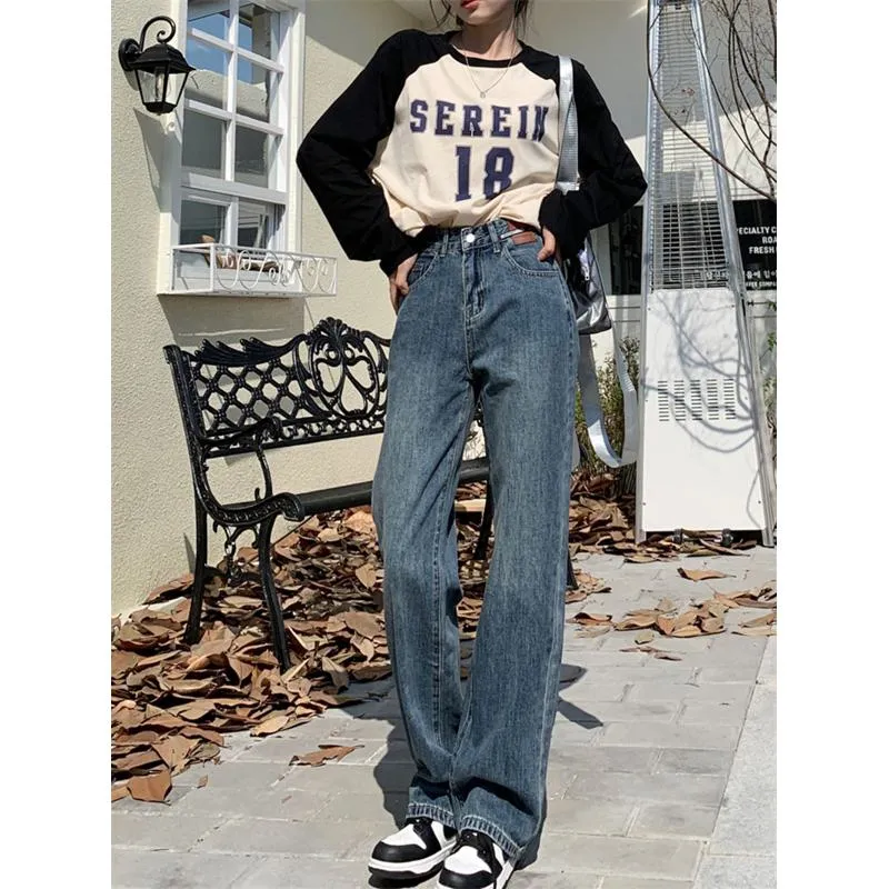 Casual Floor-Length Straight High-Waisted Wide-Leg Retro Jeans