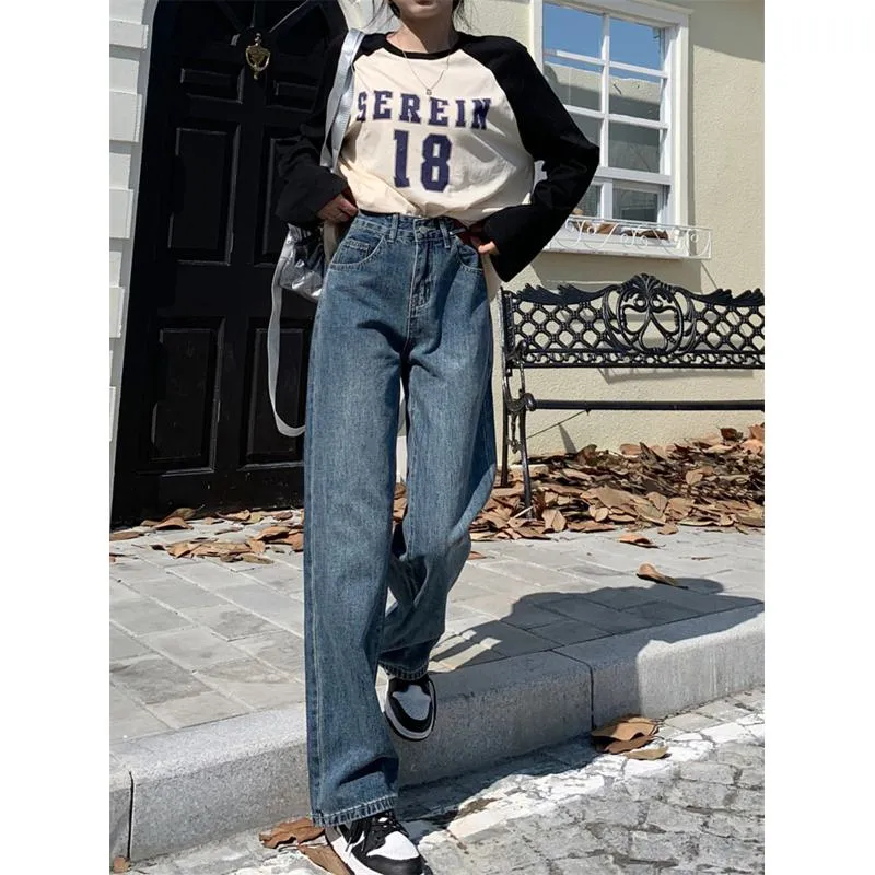 Casual Floor-Length Straight High-Waisted Wide-Leg Retro Jeans