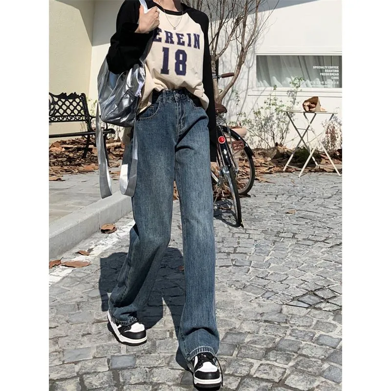 Casual Floor-Length Straight High-Waisted Wide-Leg Retro Jeans