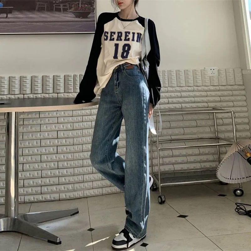 Casual Floor-Length Straight High-Waisted Wide-Leg Retro Jeans
