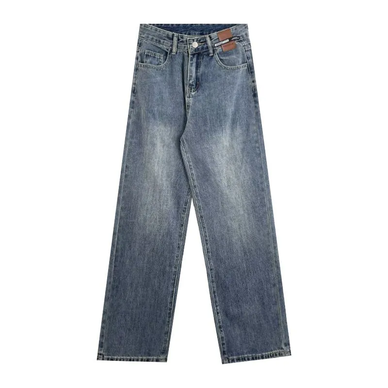 Casual Floor-Length Straight High-Waisted Wide-Leg Retro Jeans