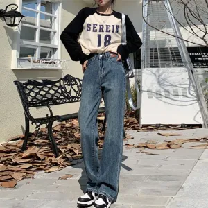 Casual Floor-Length Straight High-Waisted Wide-Leg Retro Jeans