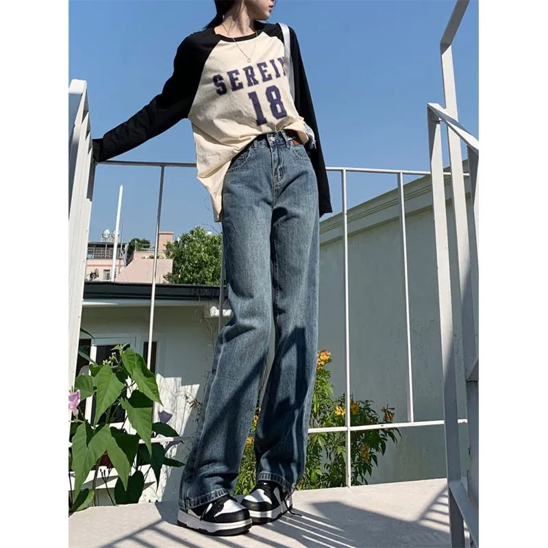 Casual Floor-Length Straight High-Waisted Wide-Leg Retro Jeans